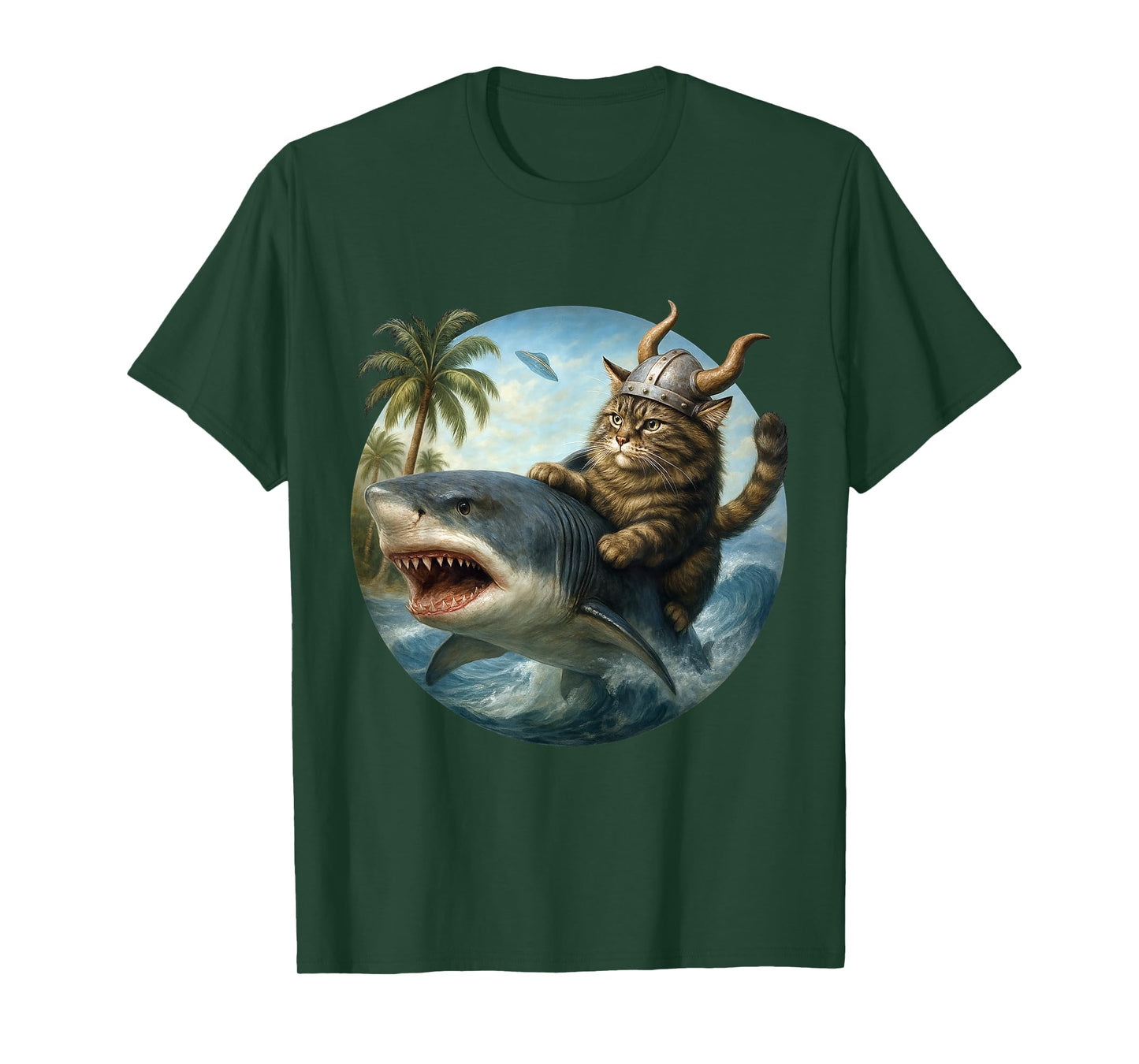 Epic Viking Cat Surfing Shark Quirky Cat Ocean Adventure Art T-Shirt