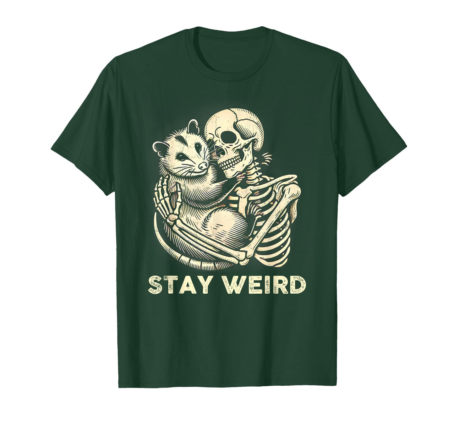 Skeleton Hugging Opossum Stay Weird Vintage Humor Possum T-Shirt