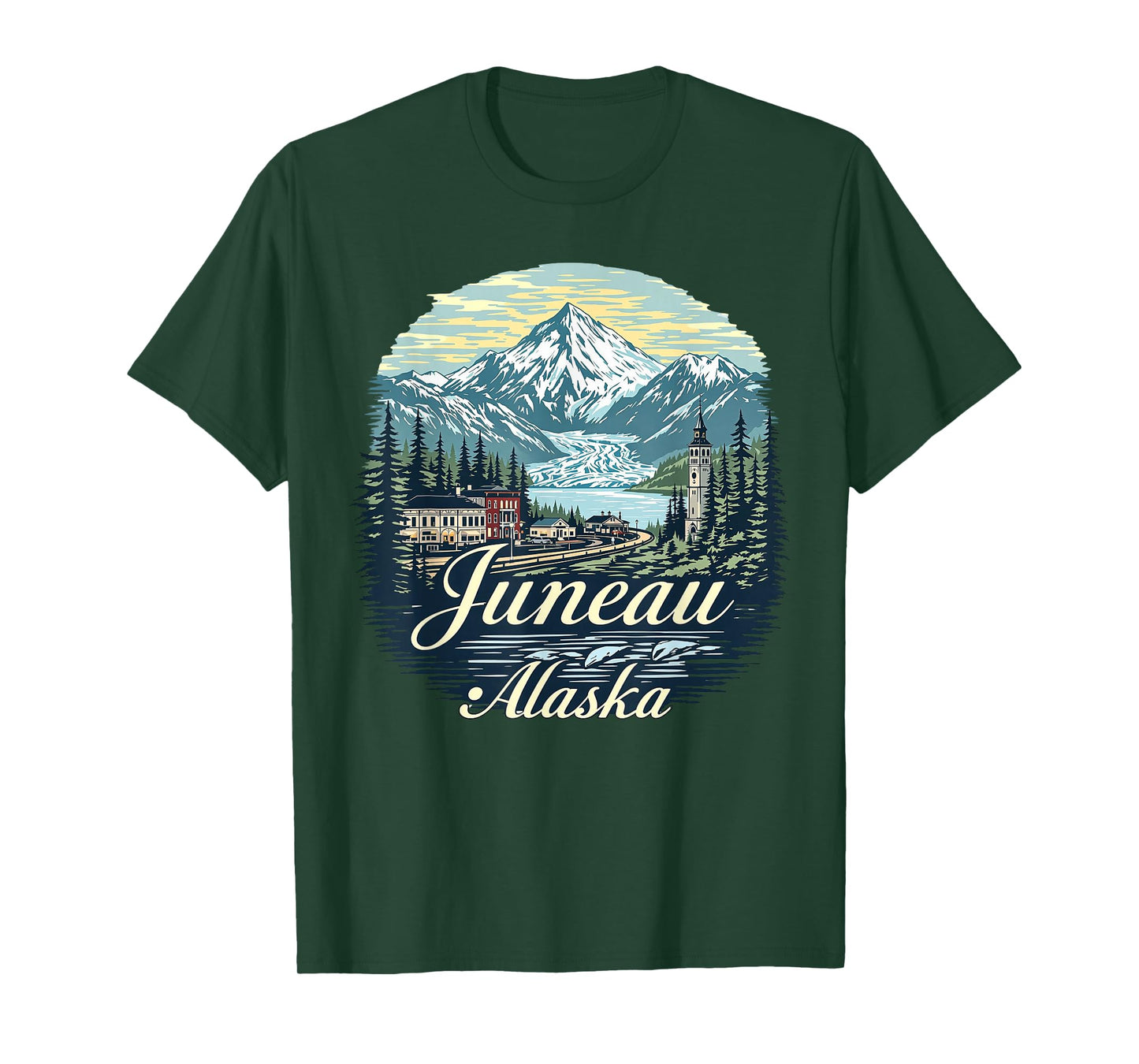 Vintage Juneau Alaska Sunset Skyline Mountains Cityscape T-Shirt