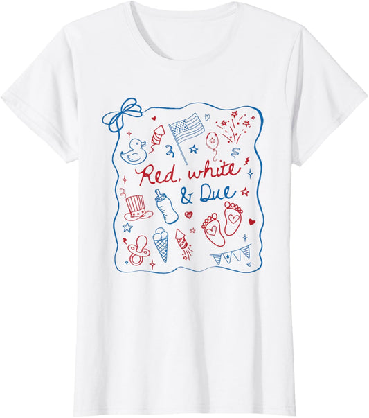 Coquette Bow Red White And Due 4th Of July Pregnancy Reveal T-shirt