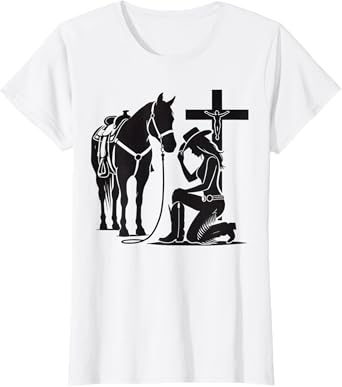 Christian Inspirational Cowgirl Praying with Horse & Cross T-Shirt