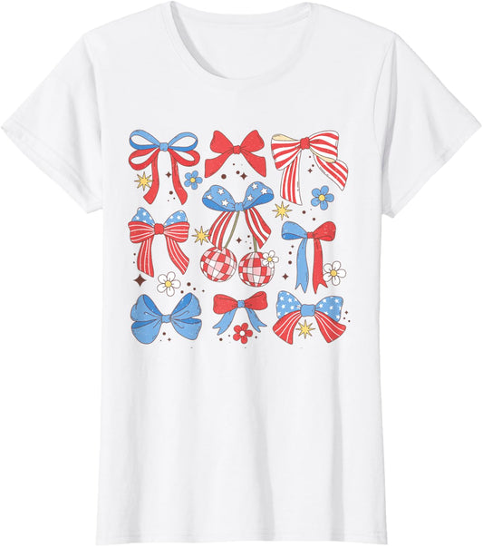 Coquette Red White & Blue Patriotic Bows Retro July 4th T-Shirt