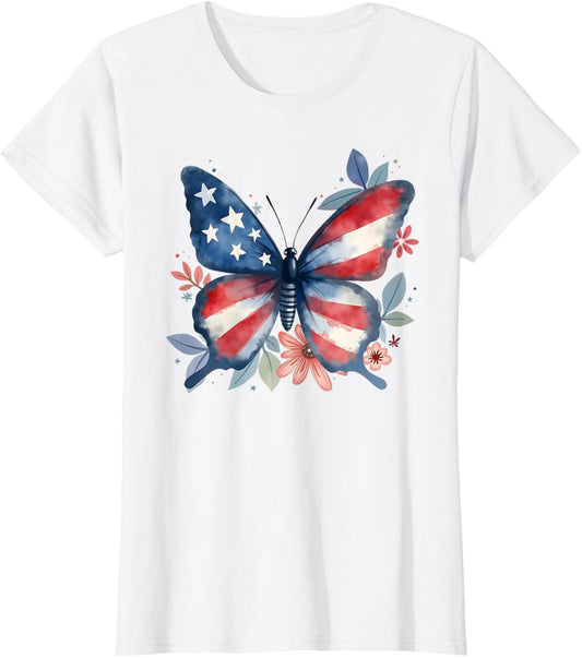 Butterfly Floral American Flag USA 4th Of July Girls Women T-Shirt