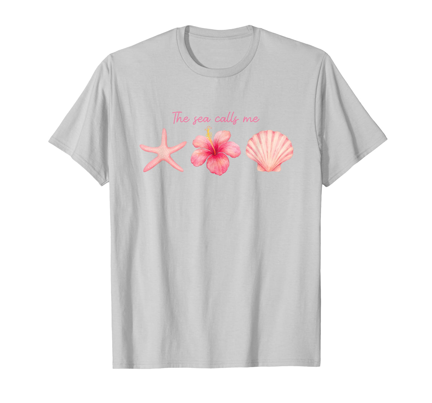 The Sea Calls Me Shirt Pink Hibiscus Starfish Seashell Art T-Shirt