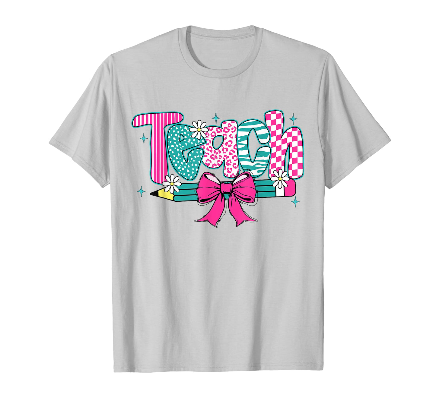 Girly Teach Coquette Bow Floral Pencil Teacher Appreciation T-Shirt