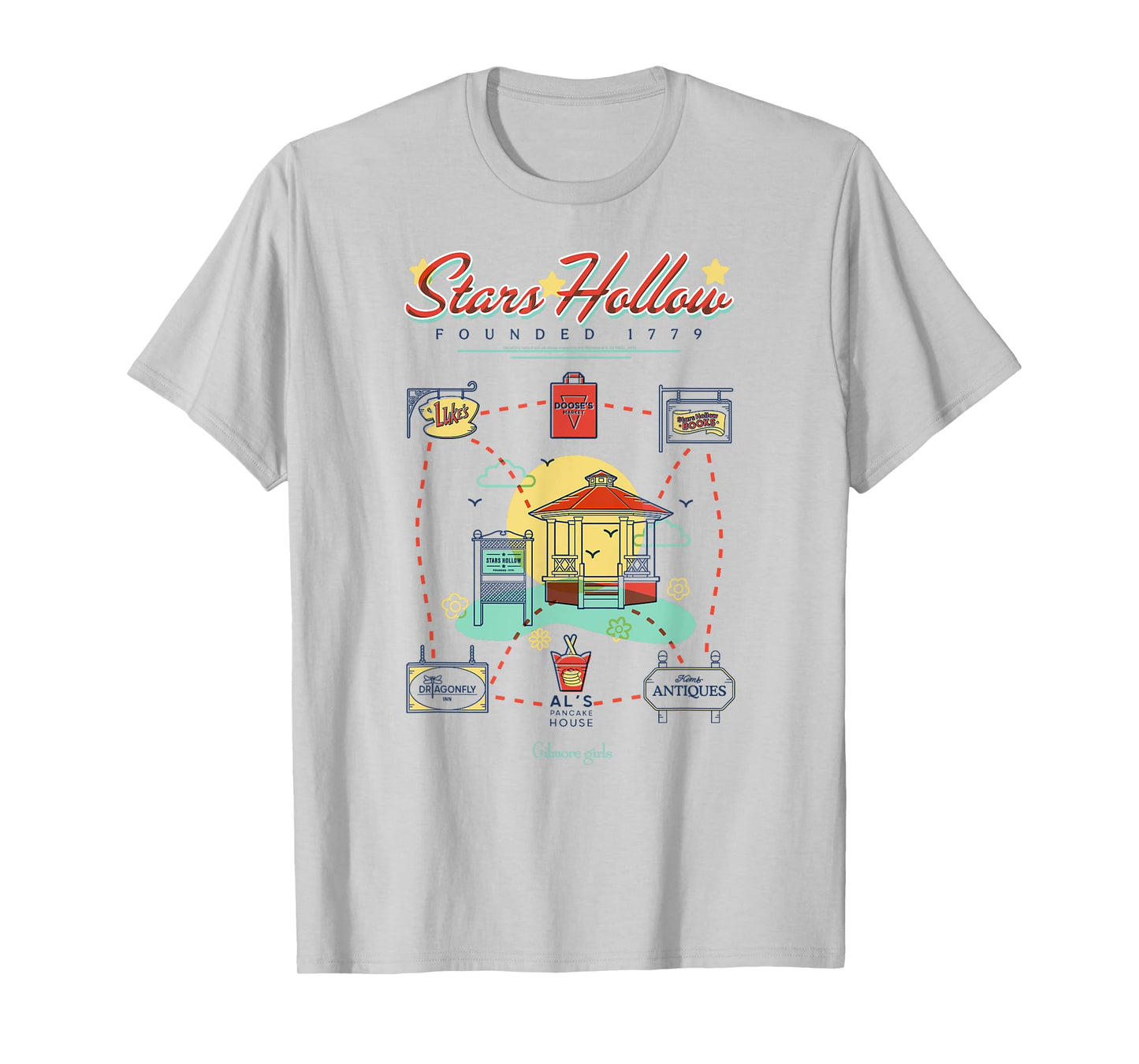 Gilmore Girls Colorful Retro Stars Hollow Map TV Show T-Shirt