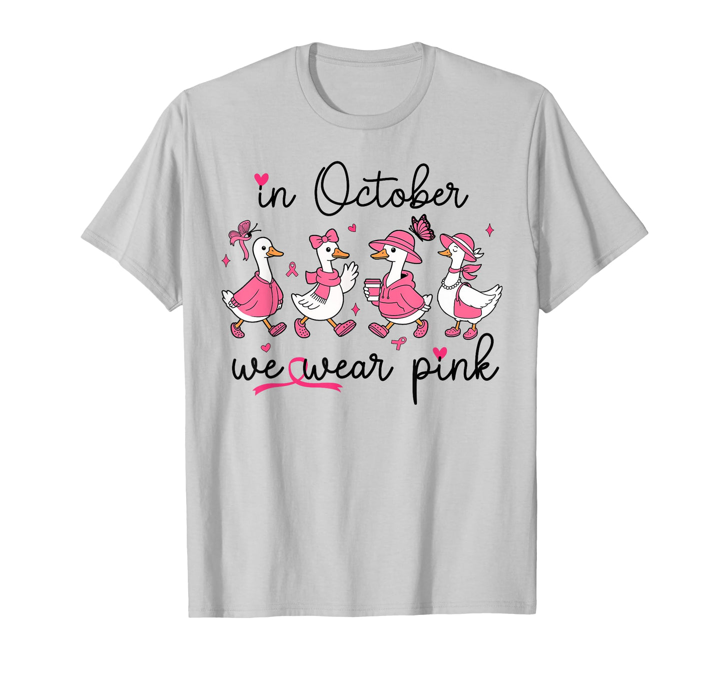 in October We Wear Pink Breast Cancer Awareness Goose Bow T-Shirt