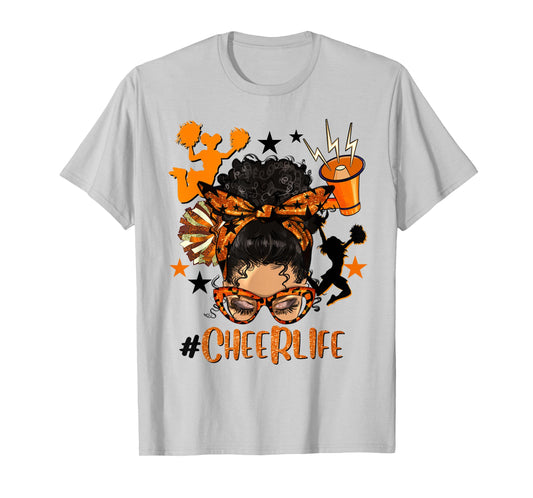 Cheer Life Messy Bun Brunette Orange Black Cheerleading Team T-Shirt