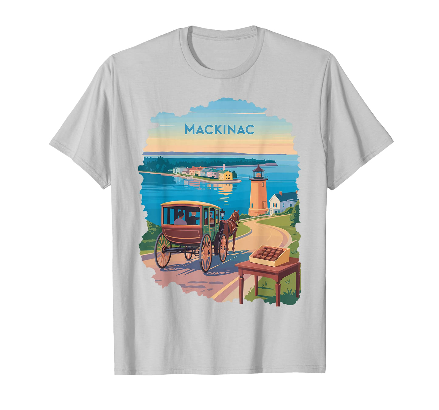 Mackinac Island carriage bridge lakeview vintage ferry scene T-Shirt