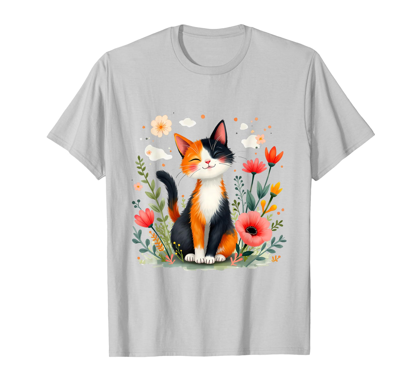 Smiling Calico Cat Cute Floral Kitten Cartoon Kitty Outdoors T-Shirt