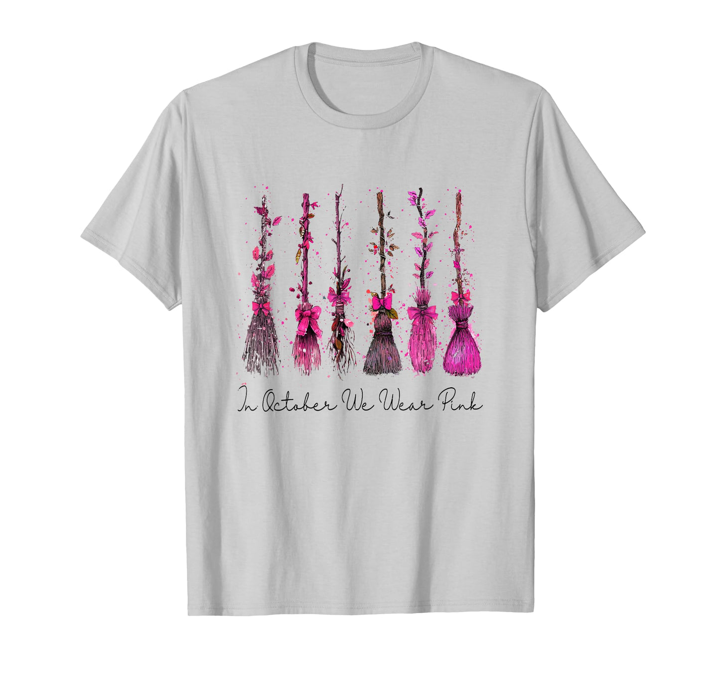 in October We Wear Pink Witches Brooms Spooky Breast Cancer T-Shirt