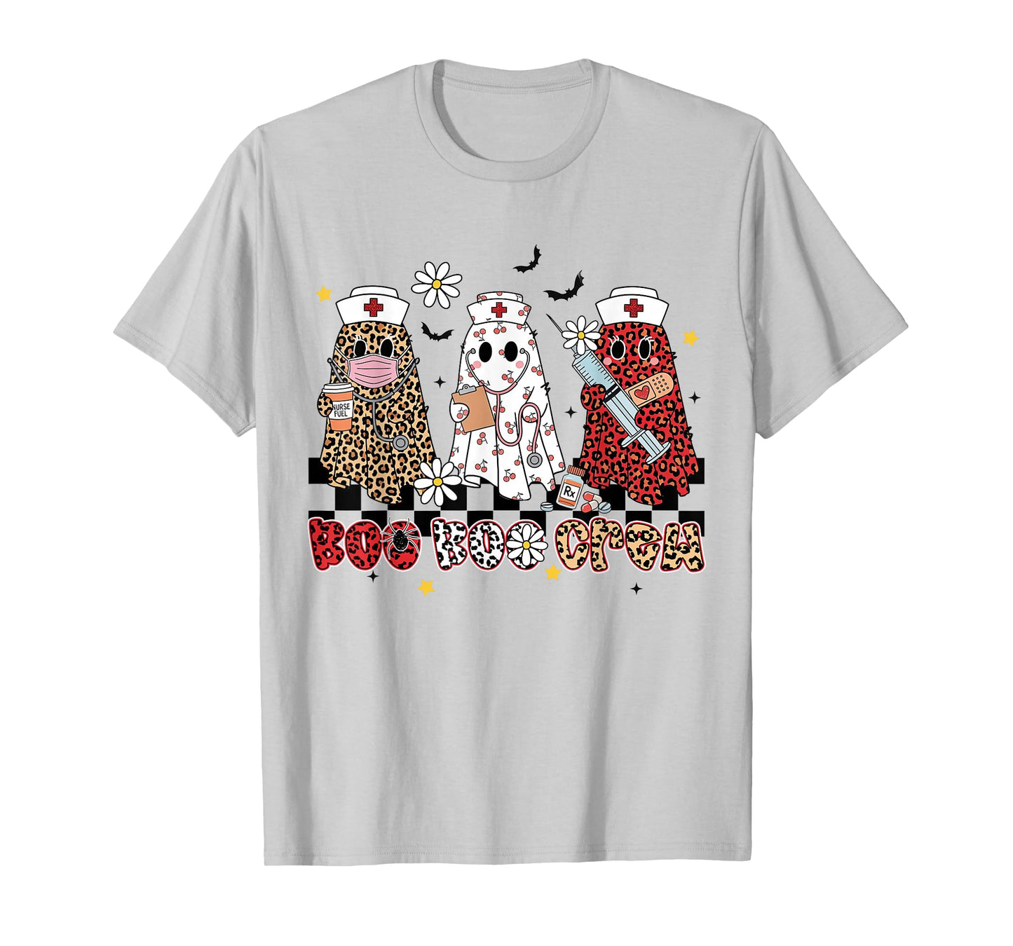 Floral Boo Crew Leopard Ghost Halloween Night Shift Nurse T-Shirt