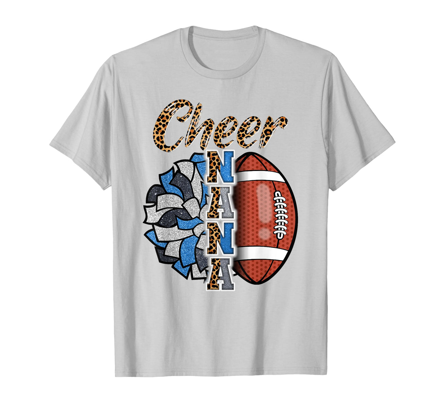 Football Cheer Nana Grandma Blue White Pom Pom Leopard T-Shirt