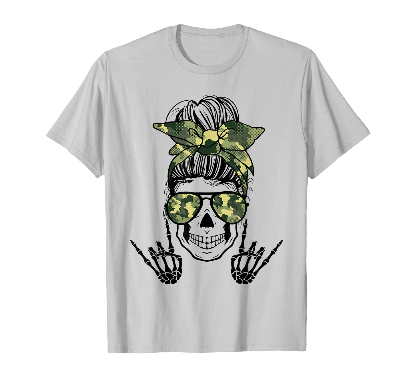 Horror Life Camo Messy Bun Skeleton Haloween Rock N Roll T-Shirt