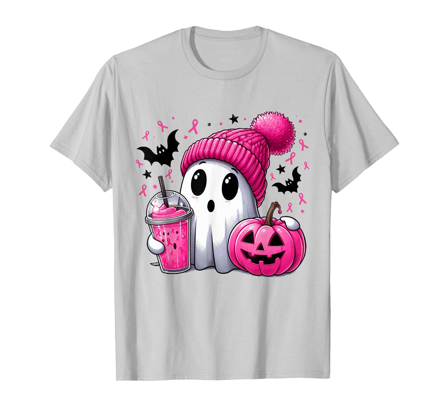 in October We Wear Pink Spooky Ghost Halloween Breast Cancer T-Shirt