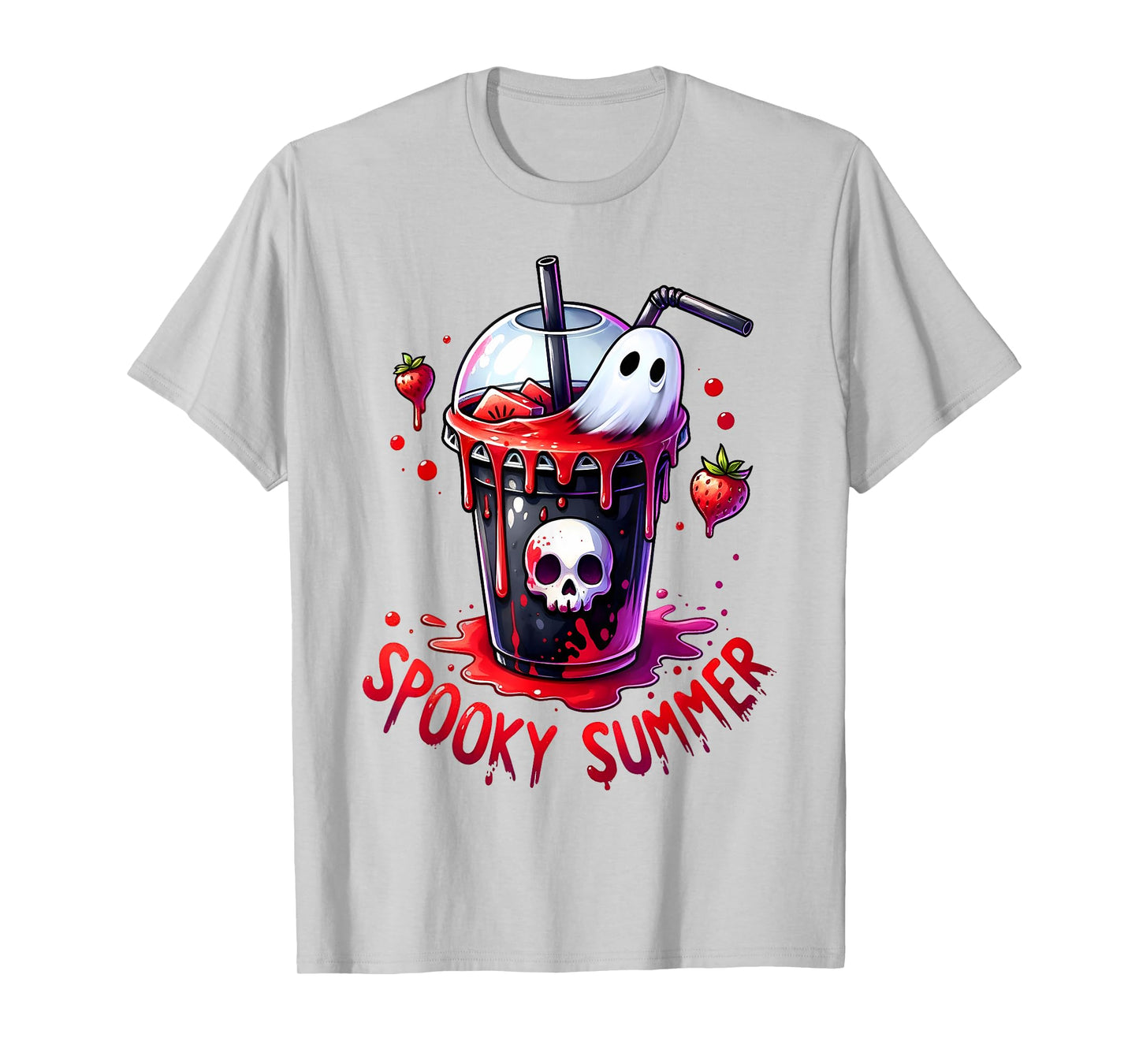 Spooky Summer Skeleton Strawberry Iced Coffee Cup Halloween T-Shirt