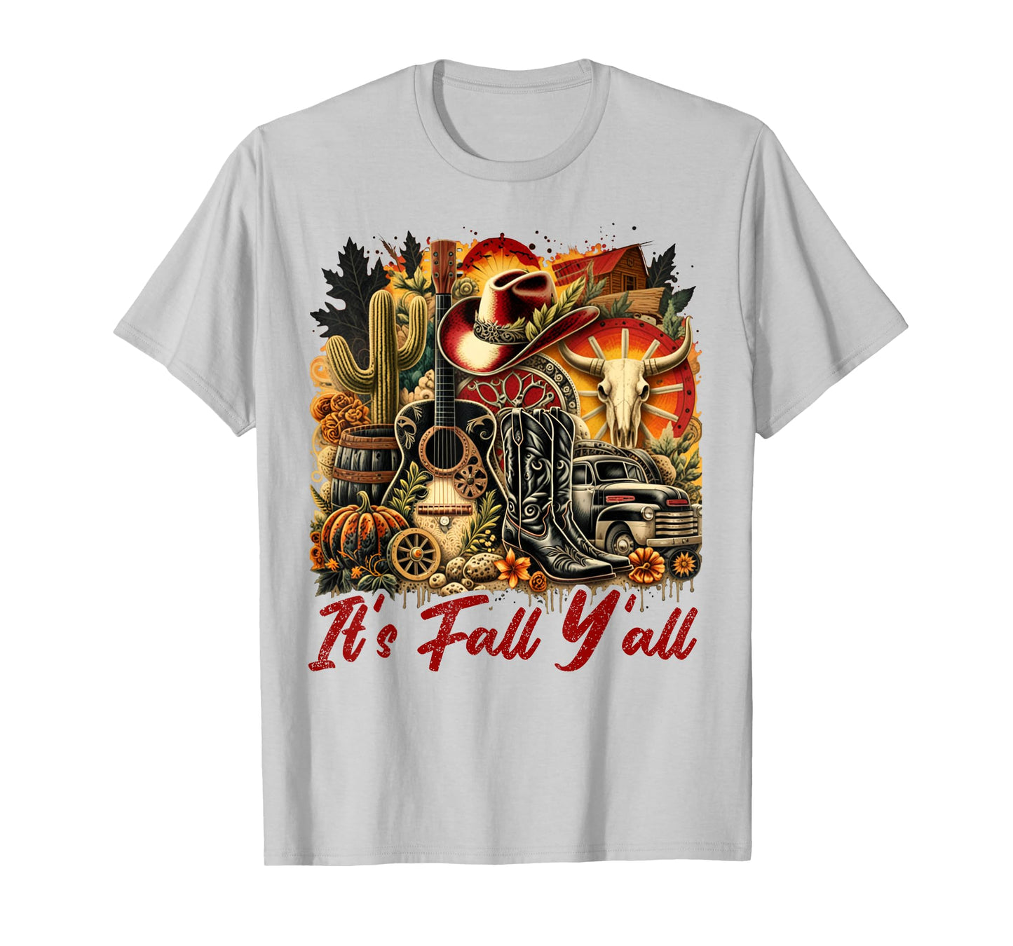Its Fall Yall Cowgirl Boots Guitar Pumpkin Autumn Harvest T-Shirt