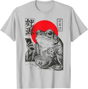 Funny Grumpy Frog Eat Ramen and Scroll Phone Japanese Art T-Shirt
