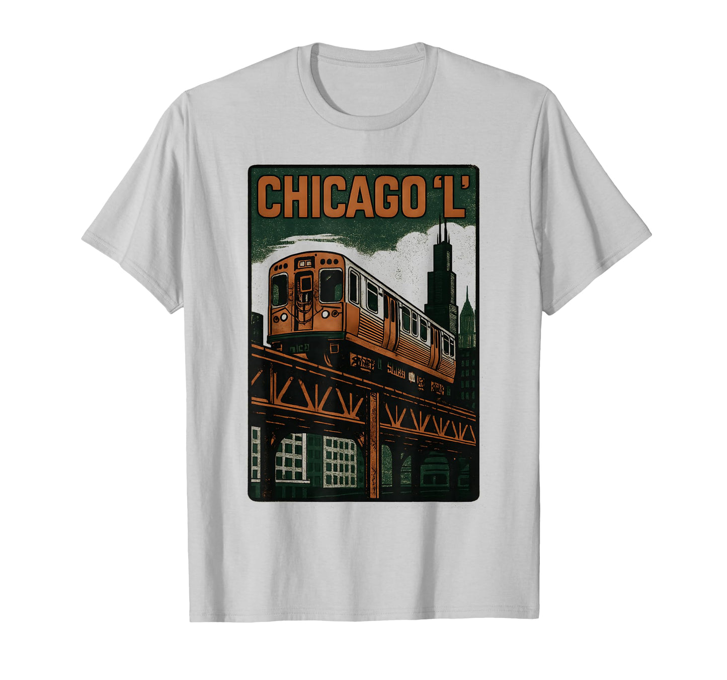 Chicago L Train Retro City Transit Urban Skyline Artwork T-Shirt