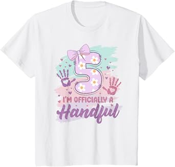 Kids I'm Officially A Handful Five Pink Bow 5th Birthday Girls 5 T-Shirt