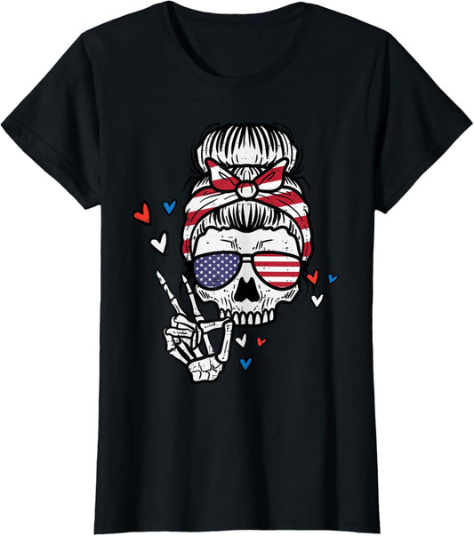 4th July Skull Messy Bun Peace Funny Patriotic Women Girls T-Shirt
