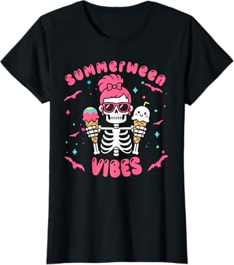 Summerween Vibes Skeletonb Halloween Summer Pink Hair T-Shirt