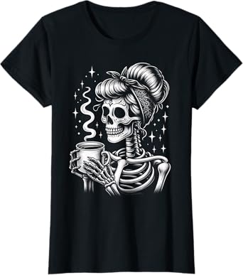 Halloween Skeleton Messy Bun Coffee Funny Costume Mom Women T-Shirt