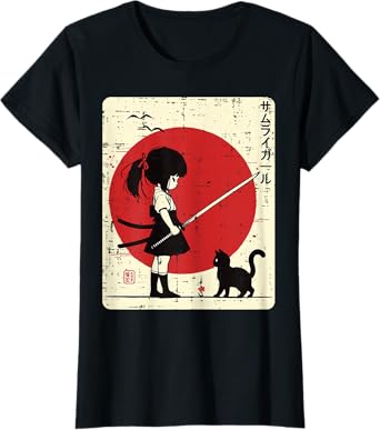 Japanese Samurai Girl Black Cat Kawaii Anime Girls Kid Women T-Shirt