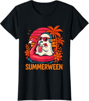 Summerween Funny Ghost Halloween Summer Flamingo Beach Vibes T-Shirt