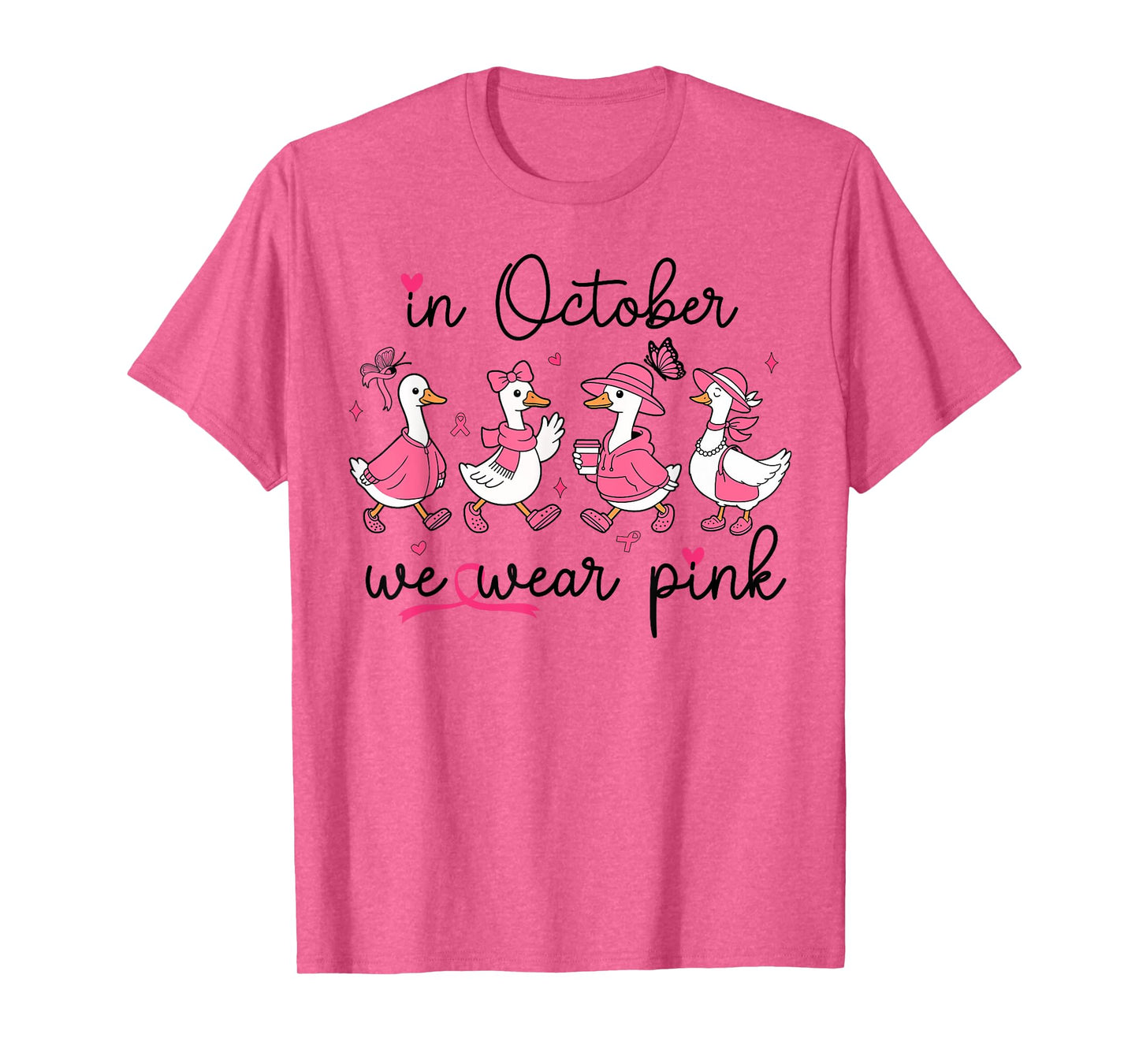 in October We Wear Pink Breast Cancer Awareness Goose Bow T-Shirt