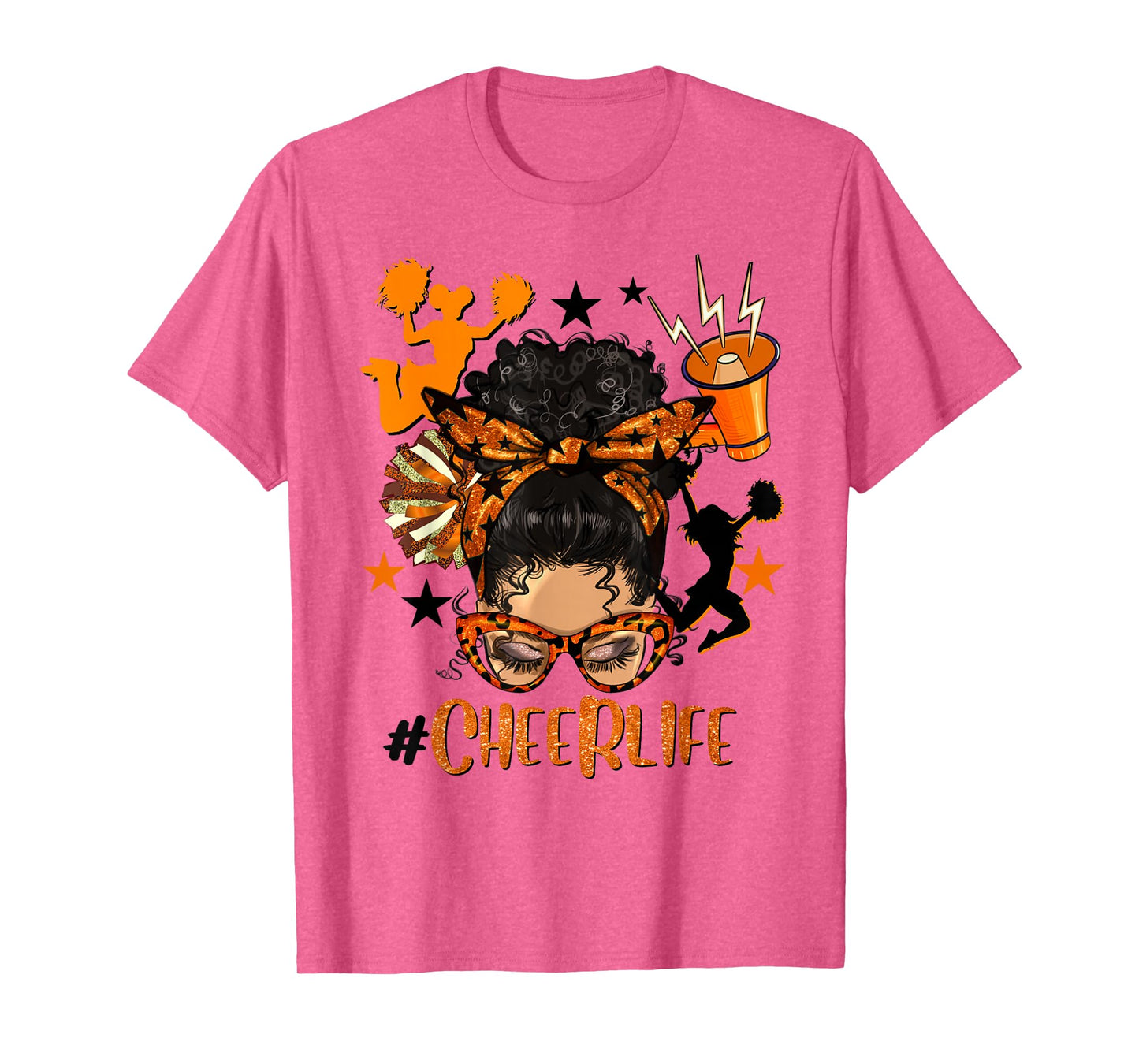 Cheer Life Messy Bun Brunette Orange Black Cheerleading Team T-Shirt