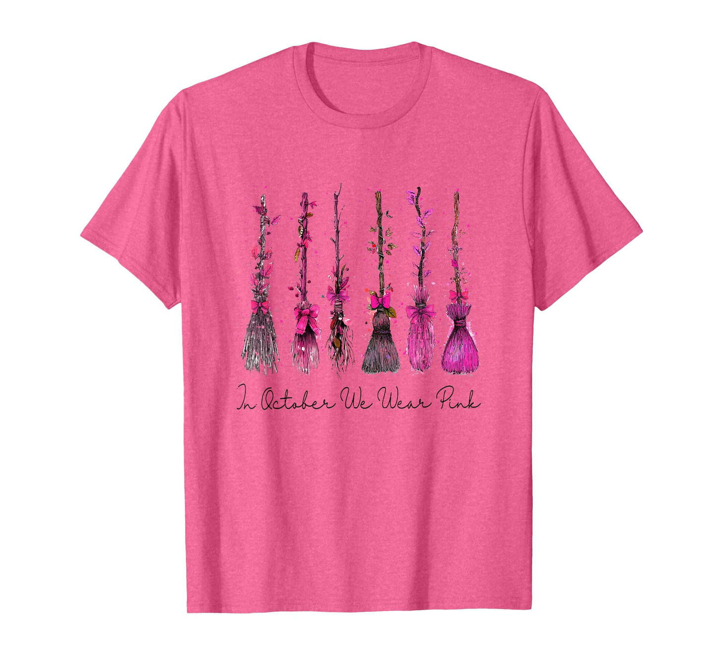 in October We Wear Pink Witches Brooms Spooky Breast Cancer T-Shirt