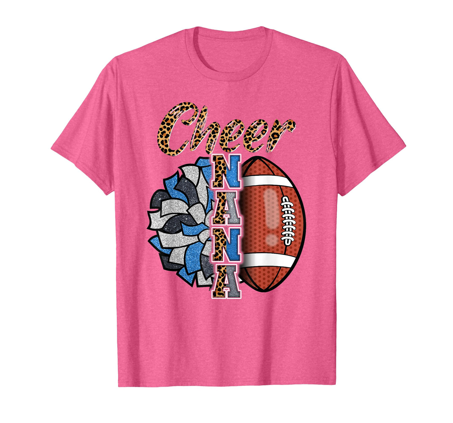 Football Cheer Nana Grandma Blue White Pom Pom Leopard T-Shirt