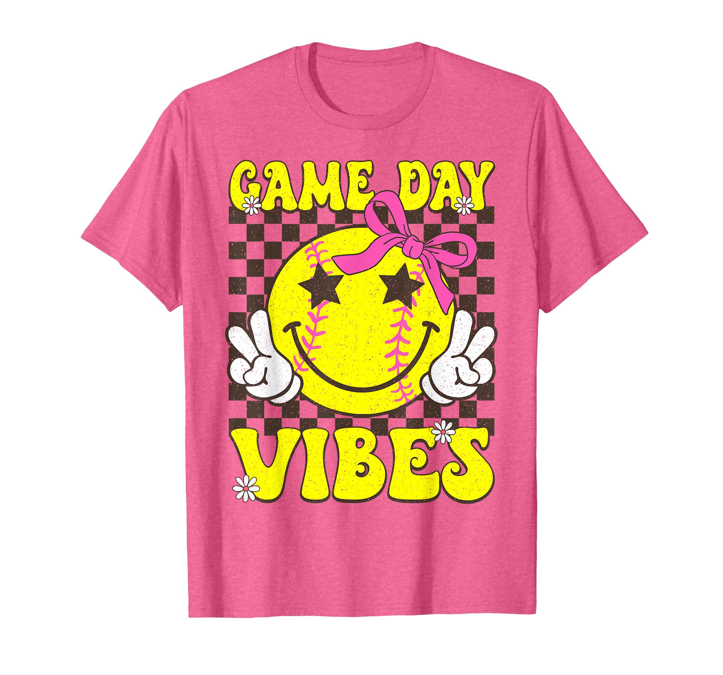 Game Day Vibes Softball Groovy Checkered Smile Girls Women T-Shirt