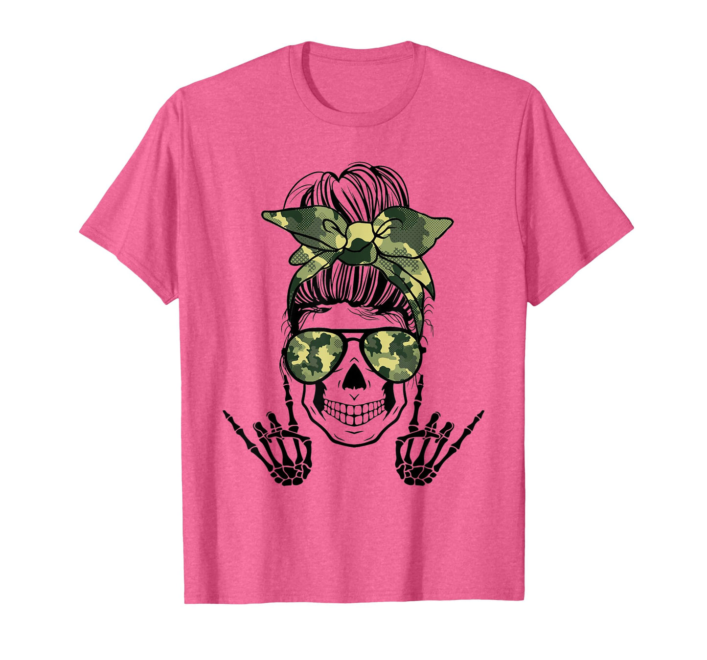 Horror Life Camo Messy Bun Skeleton Haloween Rock N Roll T-Shirt