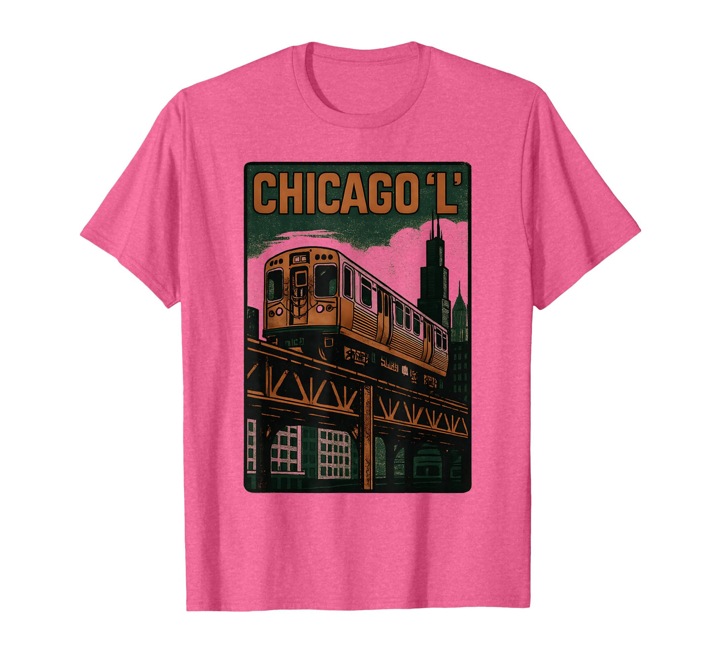 Chicago L Train Retro City Transit Urban Skyline Artwork T-Shirt