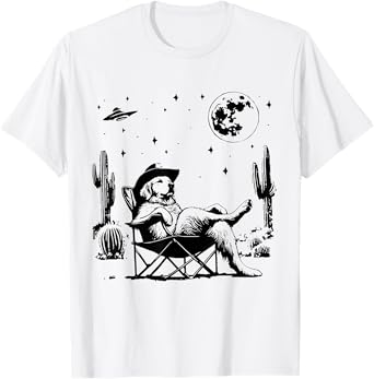 Funny Cowboy Golden Retriever Relaxing On Camping Chair Dog T-Shirt