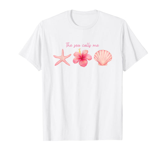 The Sea Calls Me Shirt Pink Hibiscus Starfish Seashell Art T-Shirt