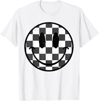 Happy Face Black Checkered Smile Face Preppy Aesthetic T-Shirt