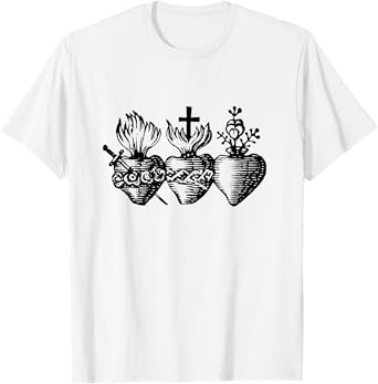 Sacred Hearts of Jesus Mary and Joseph Catholic Etching T-Shirt