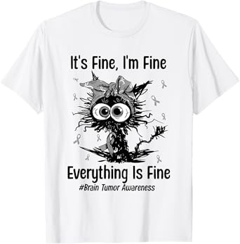 Motivational Brain Tumor Awareness Cat Gray Ribbon Funny T-Shirt