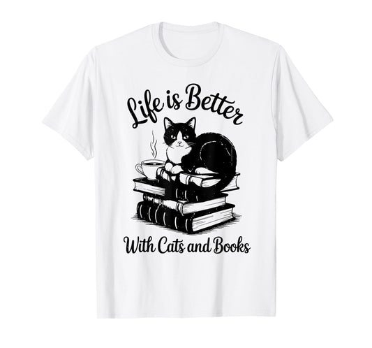 Life is Better with Cats & Books Funny Tuxedo Cat Mom Women T-Shirt