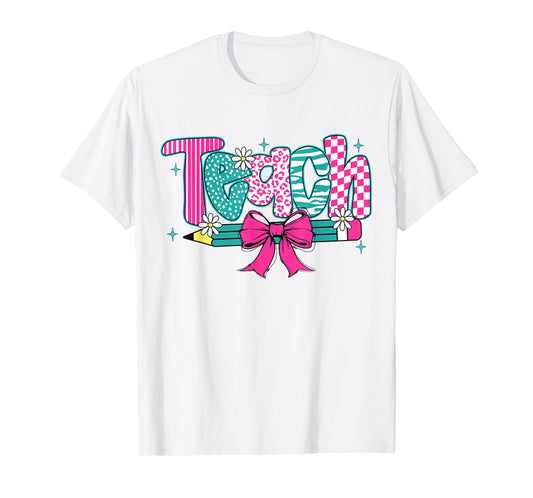 Girly Teach Coquette Bow Floral Pencil Teacher Appreciation T-Shirt