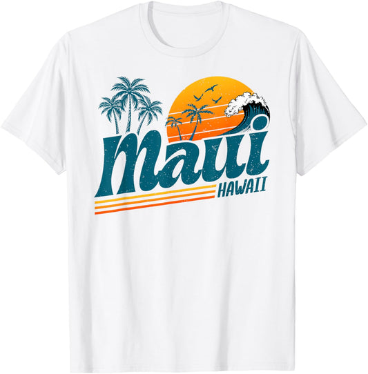 Retro Maui Hawaii Hawaiian Island Palm Tree Beach Vacation T-Shirt
