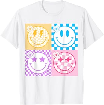 Retro Happy Face Shirt Checkered Pattern Smile Face Trendy T-Shirt