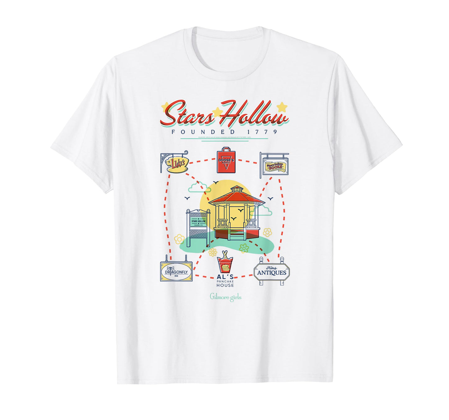 Gilmore Girls Colorful Retro Stars Hollow Map TV Show T-Shirt