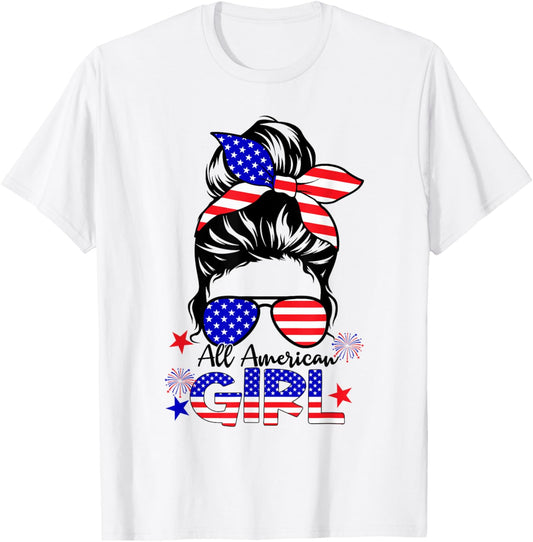4th of July All American Girls Messy Bun T-Shirt