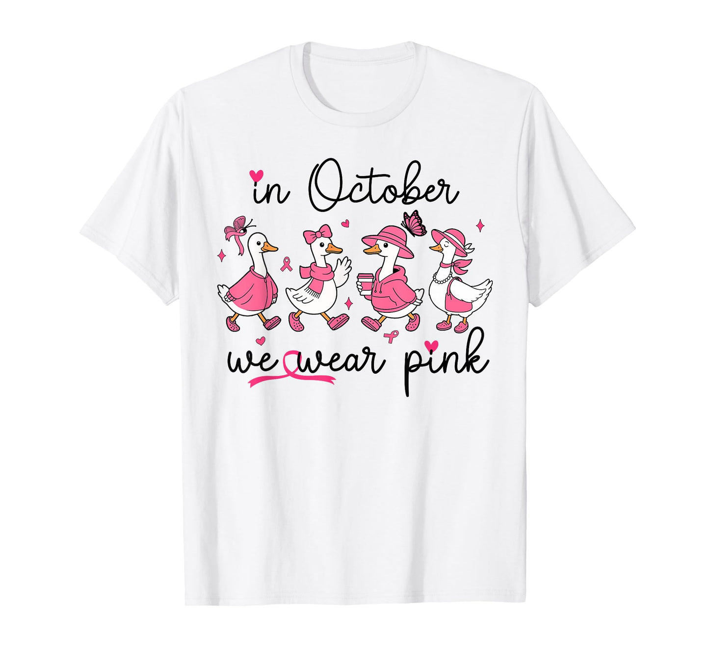 in October We Wear Pink Breast Cancer Awareness Goose Bow T-Shirt