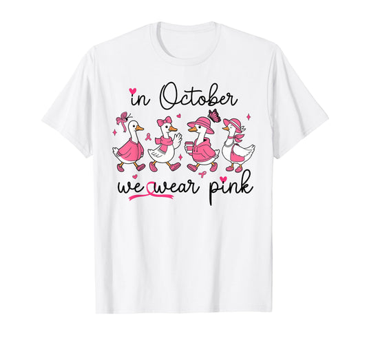 in October We Wear Pink Breast Cancer Awareness Goose Bow T-Shirt