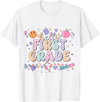 Hello First Grade Retro Back to School Coquette Teacher T-Shirt